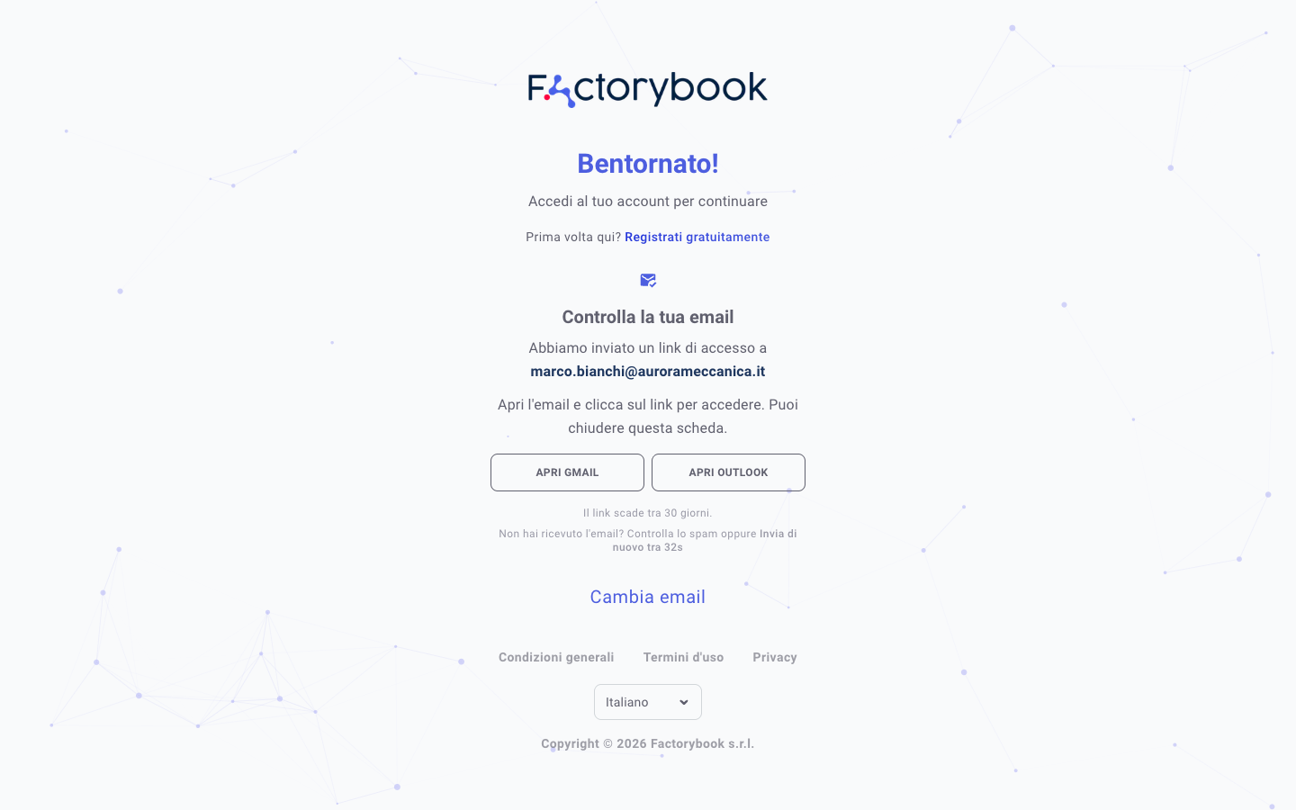 Schermata di conferma invio del link