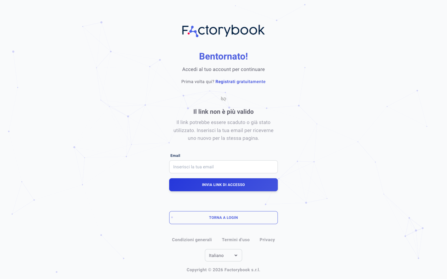 Pagina link di accesso non più valido