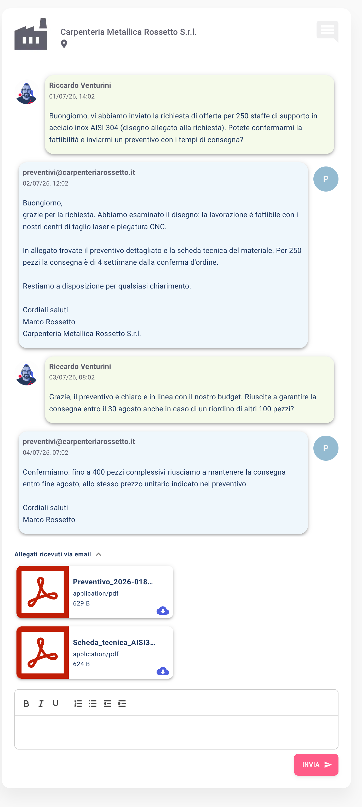 Chat con un fornitore non registrato collegata via email