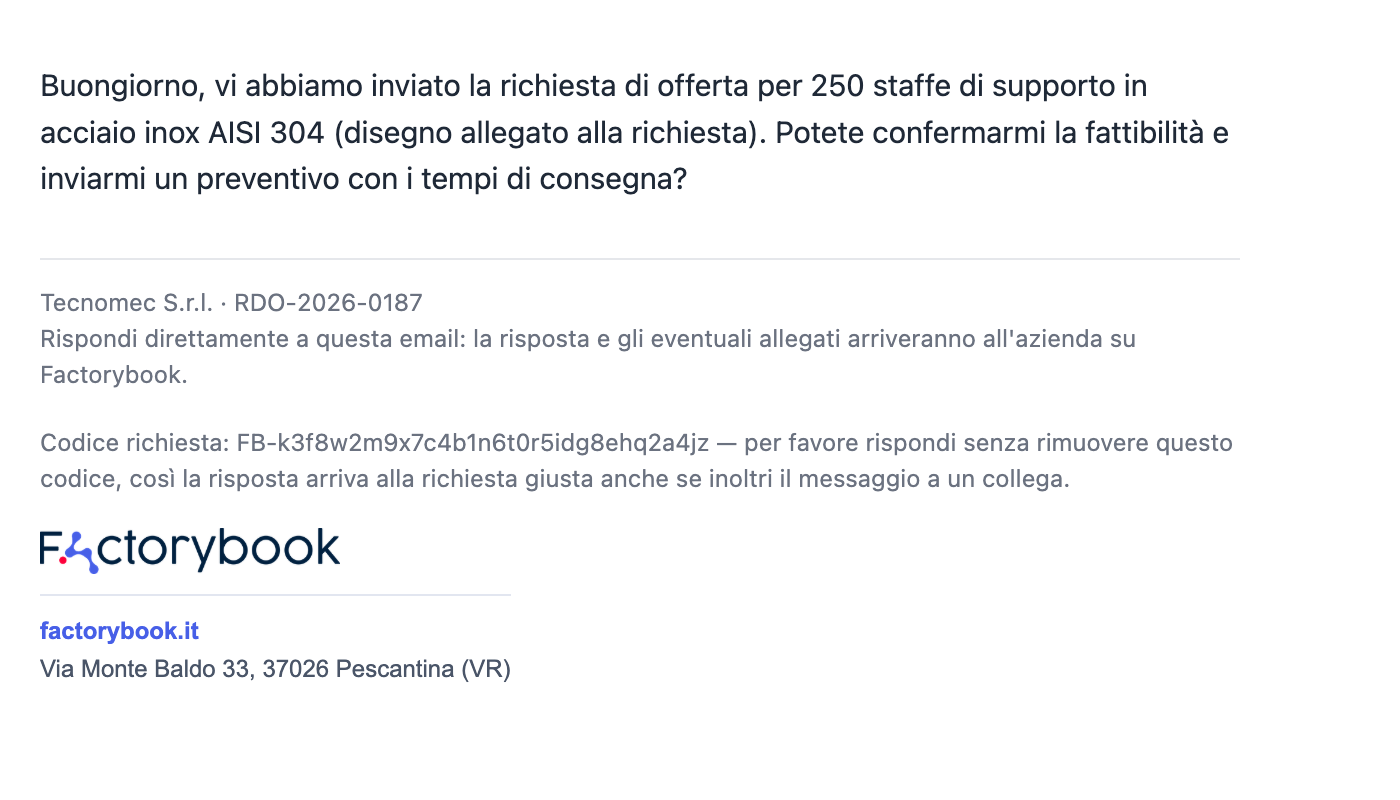 Email ricevuta dal fornitore con un messaggio della chat