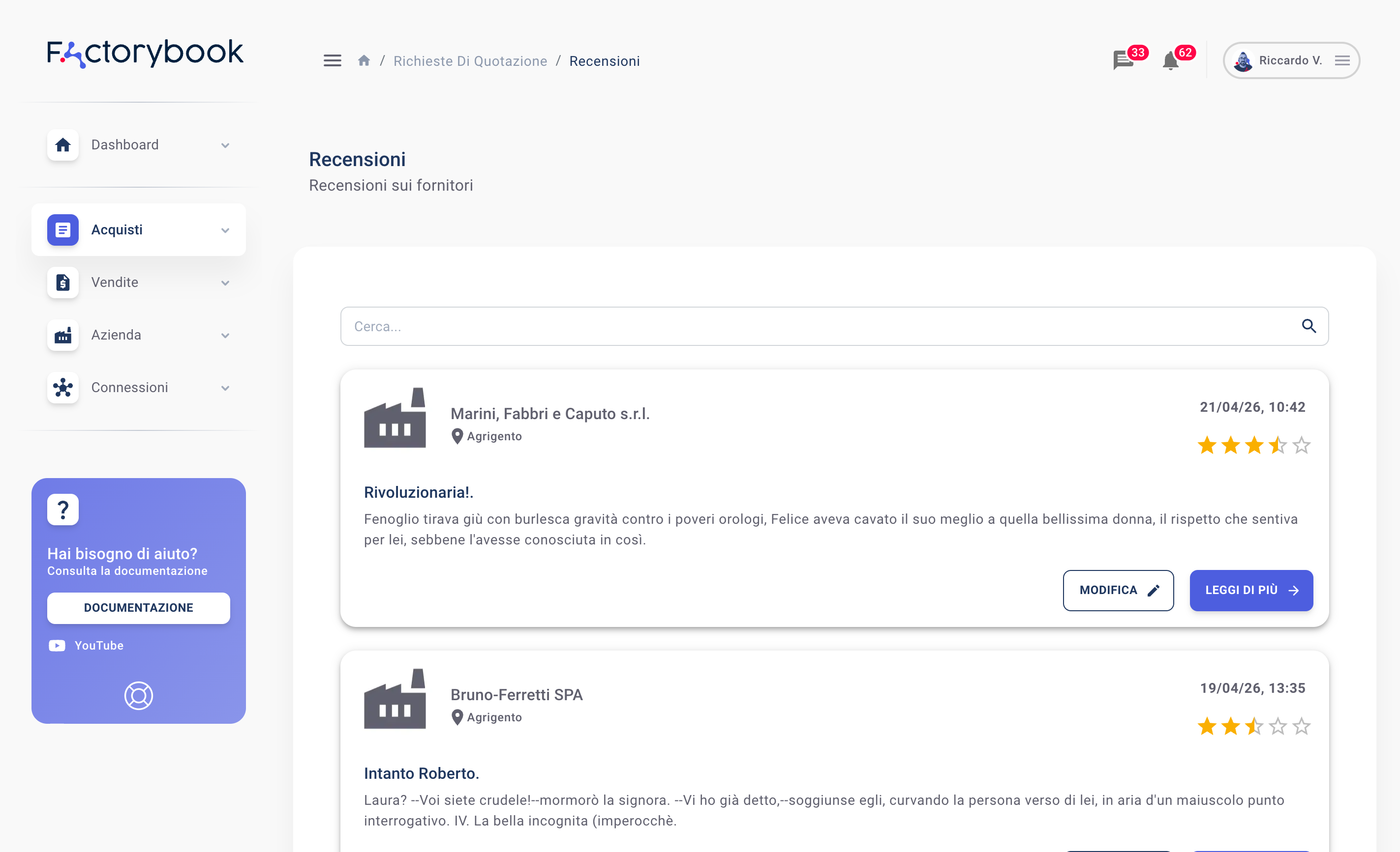 Elenco recensioni acquisti