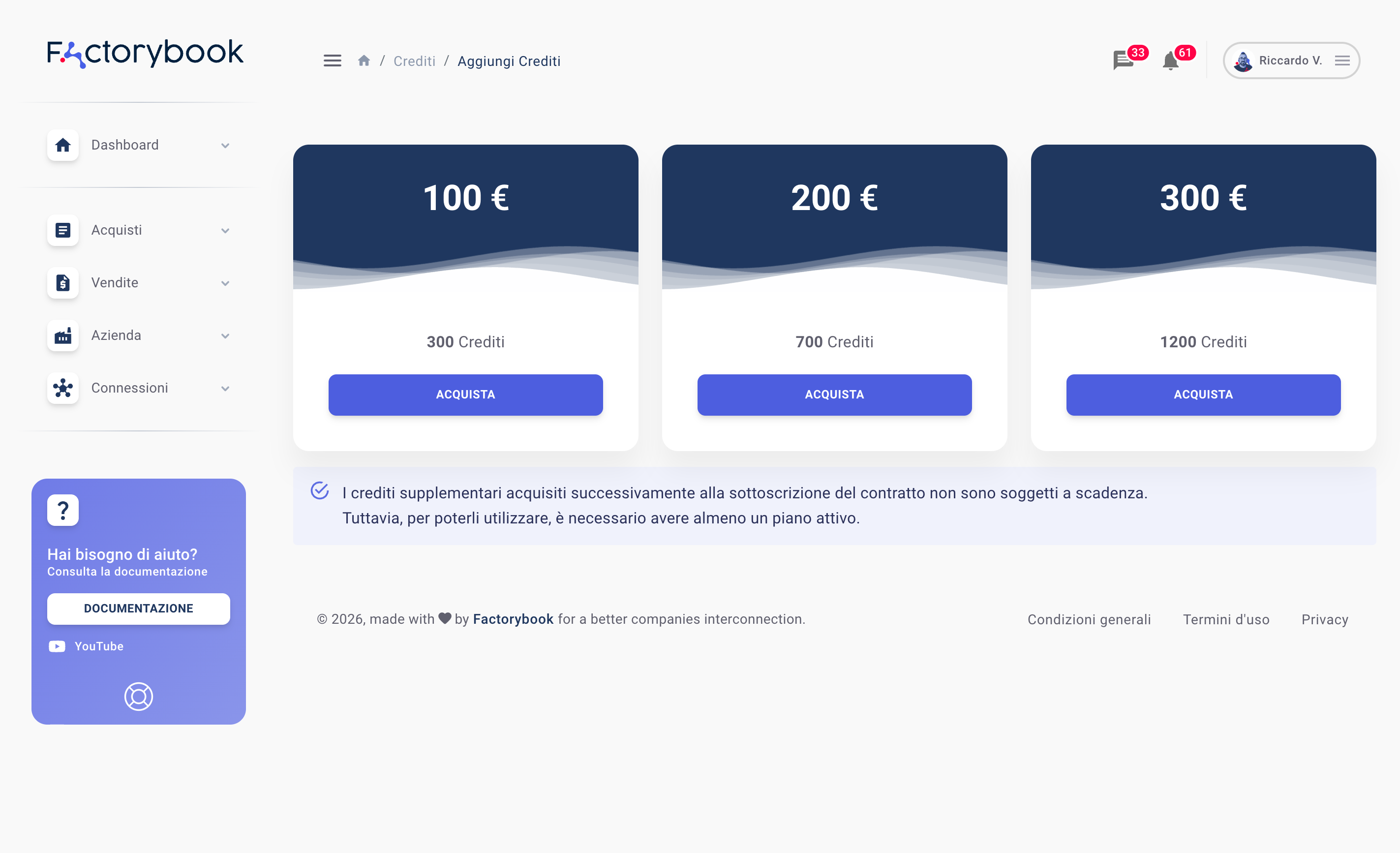 Pagina di acquisto crediti