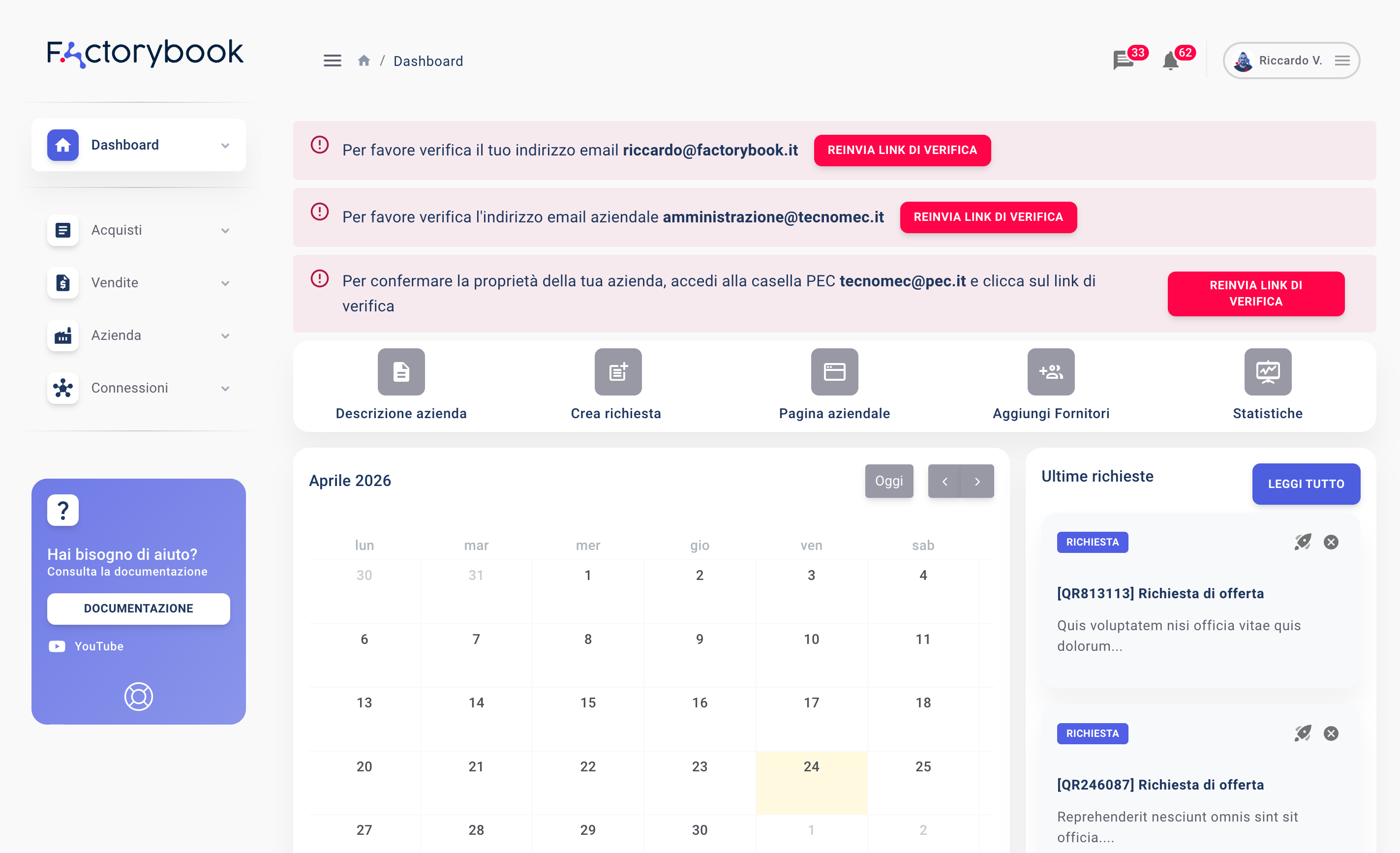 Dashboard con avvisi di verifica