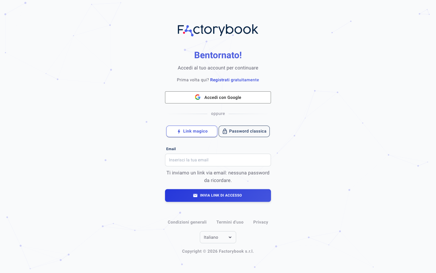 Pagina di accesso con link via email