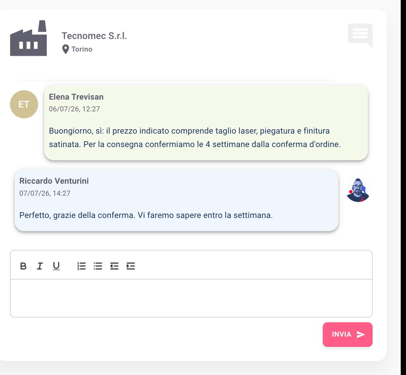 Chat con l'azienda committente nel dettaglio della richiesta